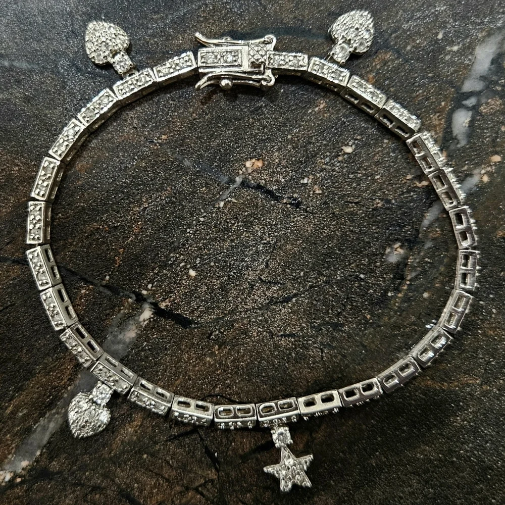 Sterling silver hearts star pave charm bracelet CZ VGUC feminine girlhoodcore